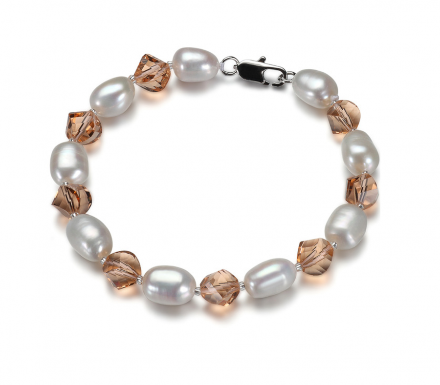 ARINA- riečne perly, dámsky náramok + rakúske krištály vo farbe šampanské, 20cm