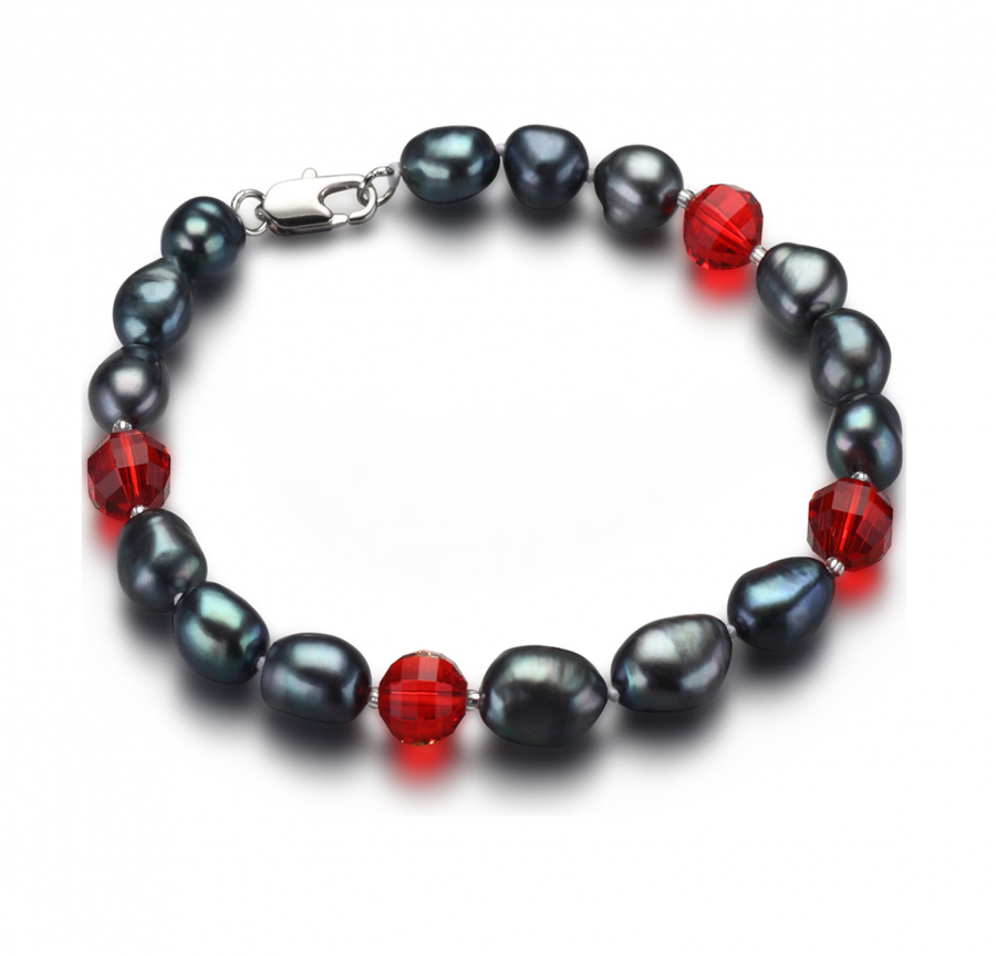 AVA - pravé riečne perly, dámsky náramok, kombinované o červené krištály, 20cm 
