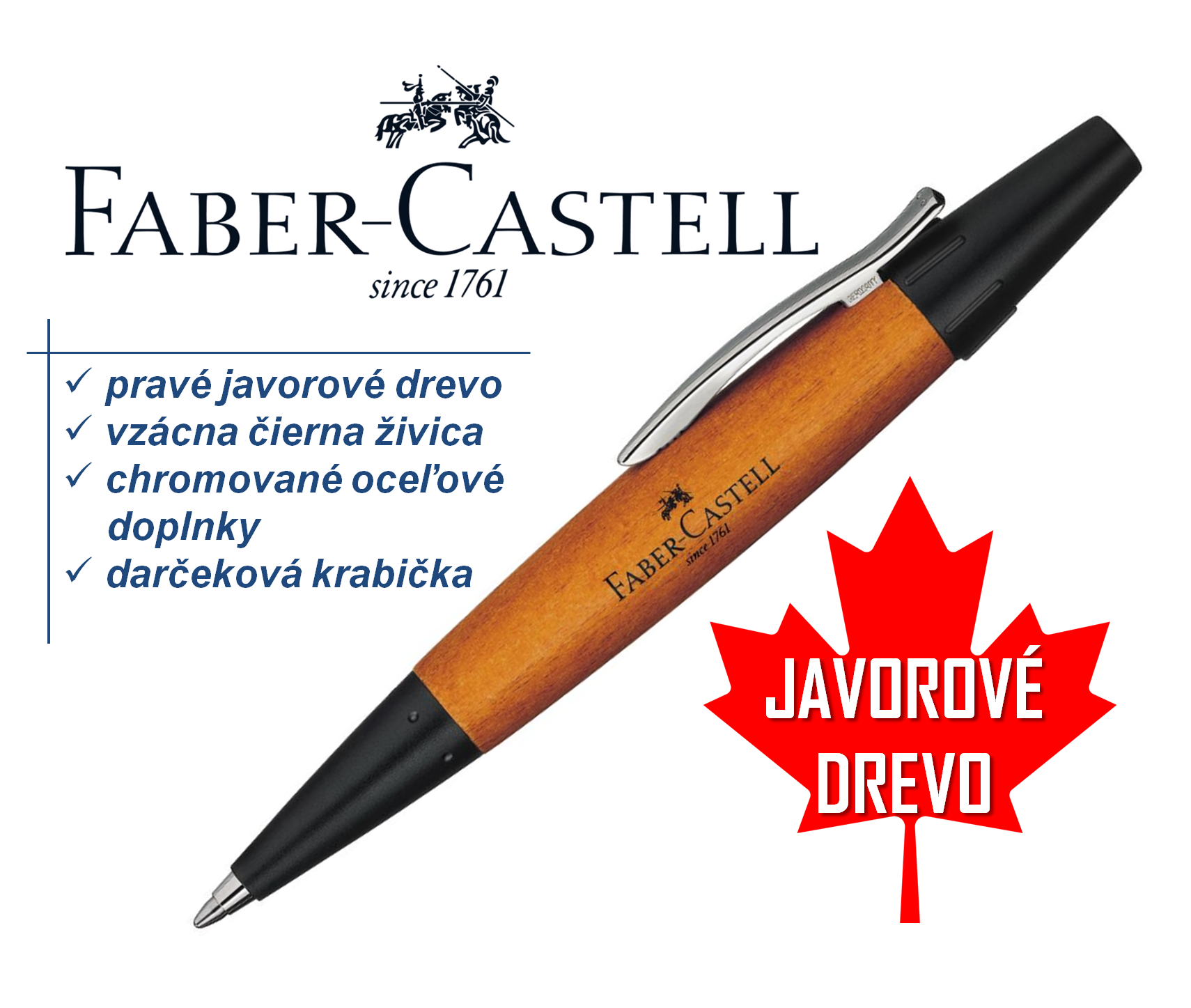 Faber-Castell (guľôčkové pero), čierna živica + javorové drevo (Made in Germany)