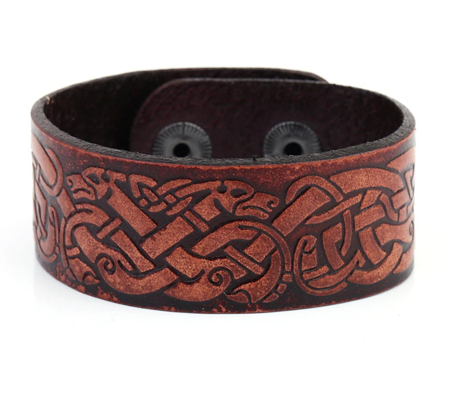 NORDIC - pánsky kožený náramok s vikingskými / nordickými symbolmi, 18 až 21cm
