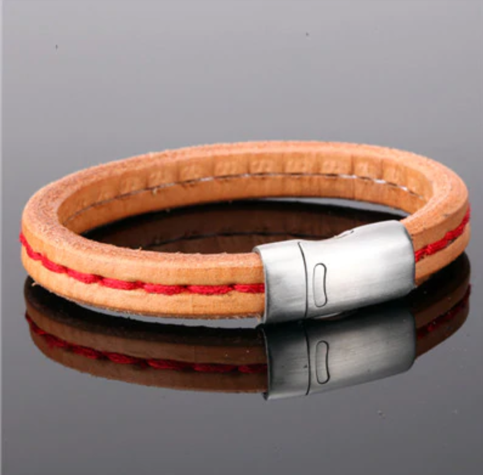 CORINT - pánsky náramok z hovädzej kože(prírodná)+červené prešitie, oceľ, 21,5cm