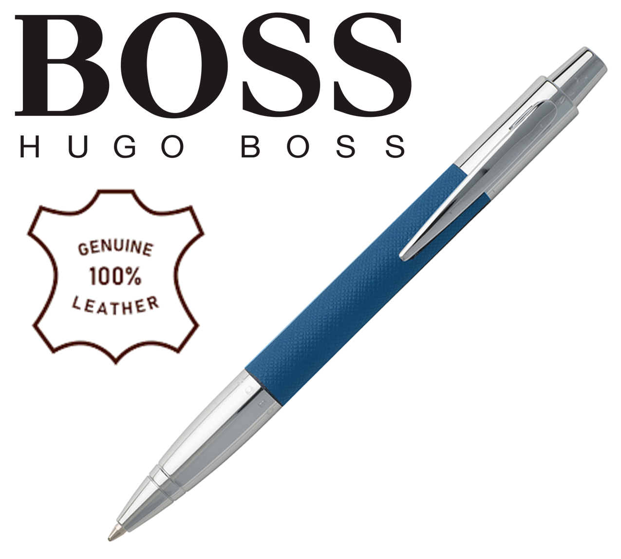 HUGO BOSS - luxusné guľôčkové oceľové pero viazané v koži (modrá koža) 