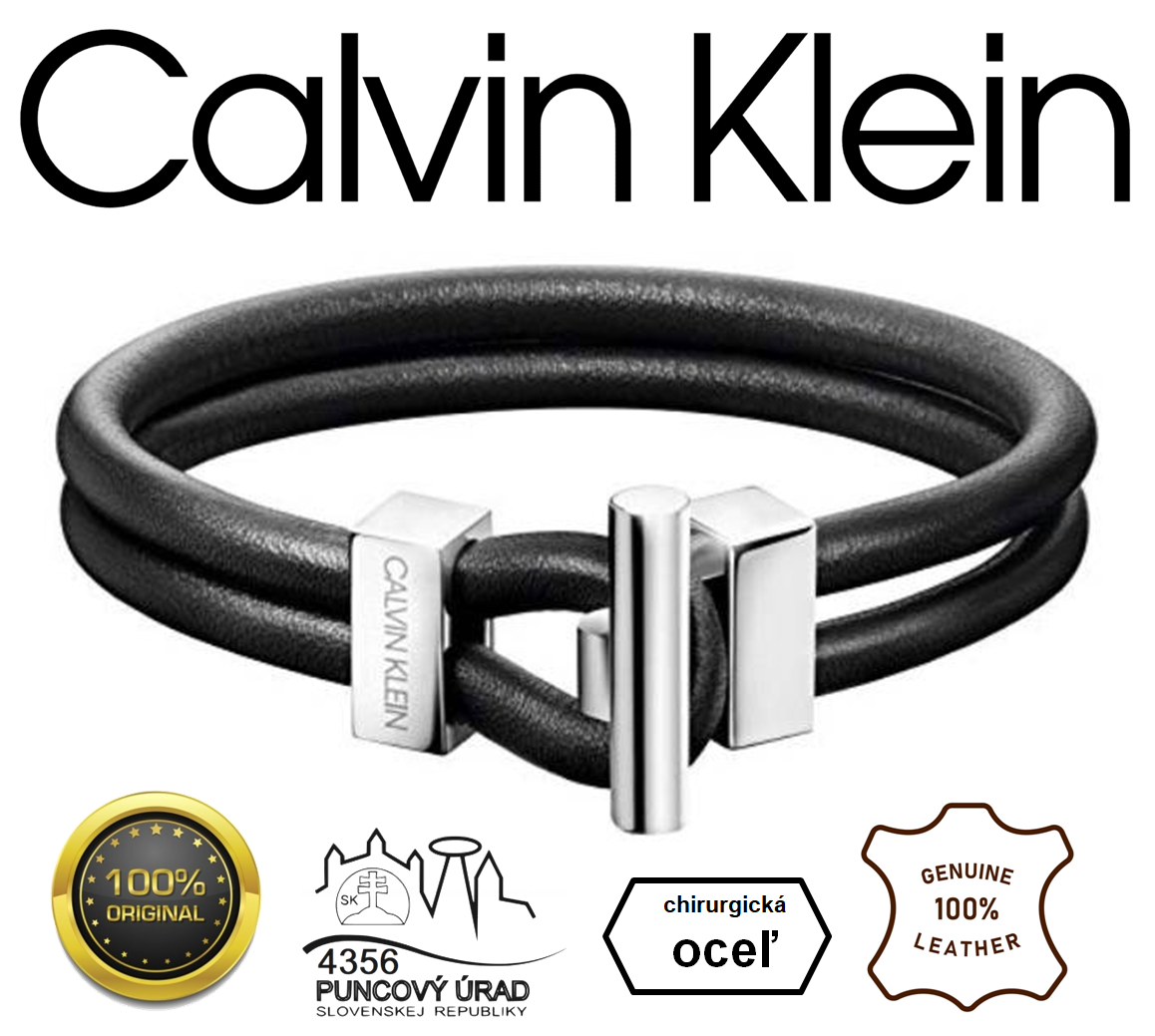 Calvin Klein - luxusný pánsky náramok - chirurgická oceľ + čierna koža, 20,5 cm