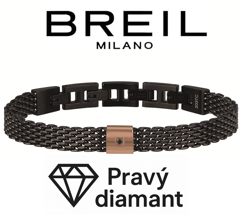 BREIL (Italy) - luxusný pánsky diamantový náramok - čierna oceľ - max. 21cm