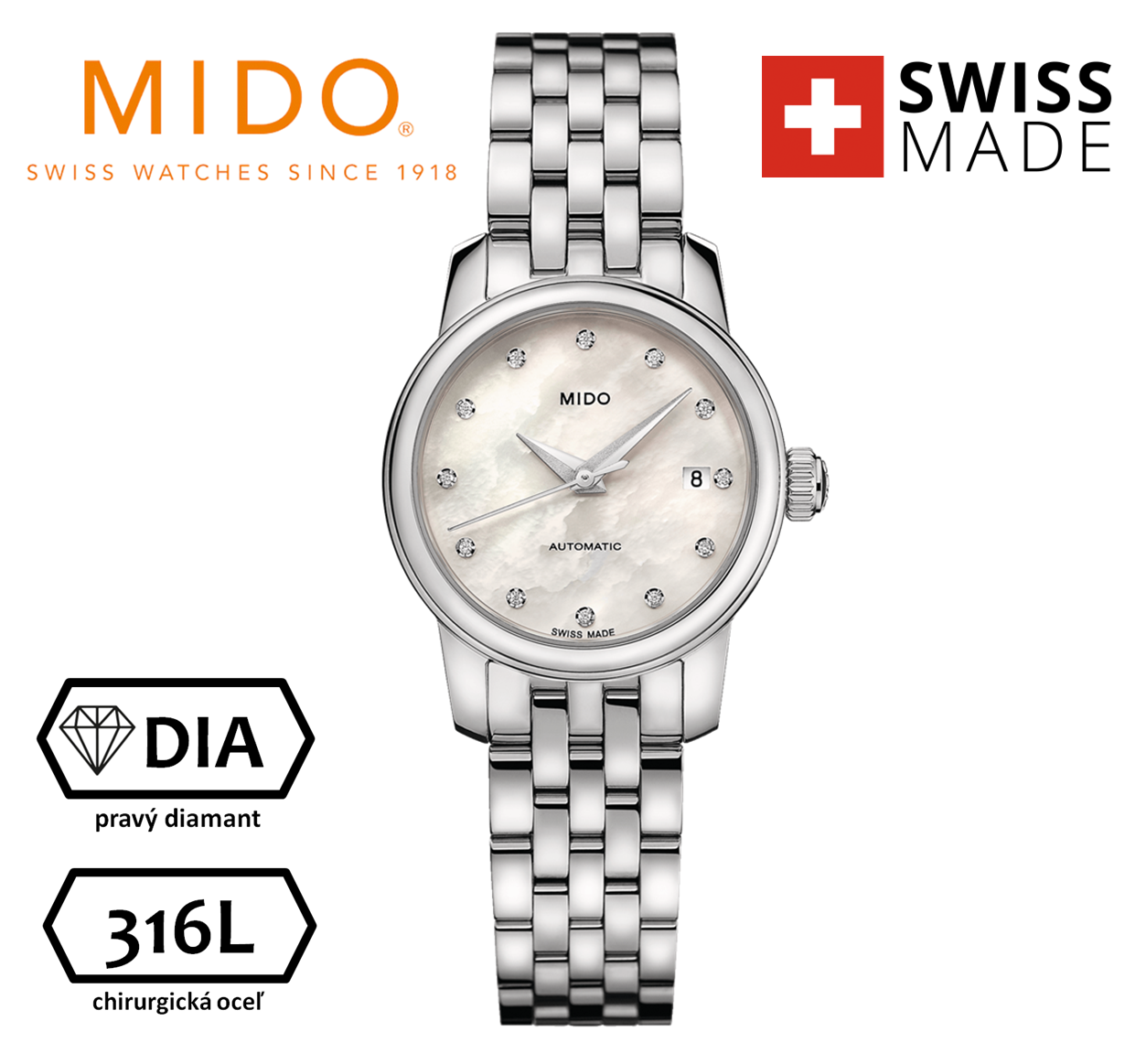 MIDO - švajčiarske dámske diamantové hodinky (automat) M039.007.11.106.00