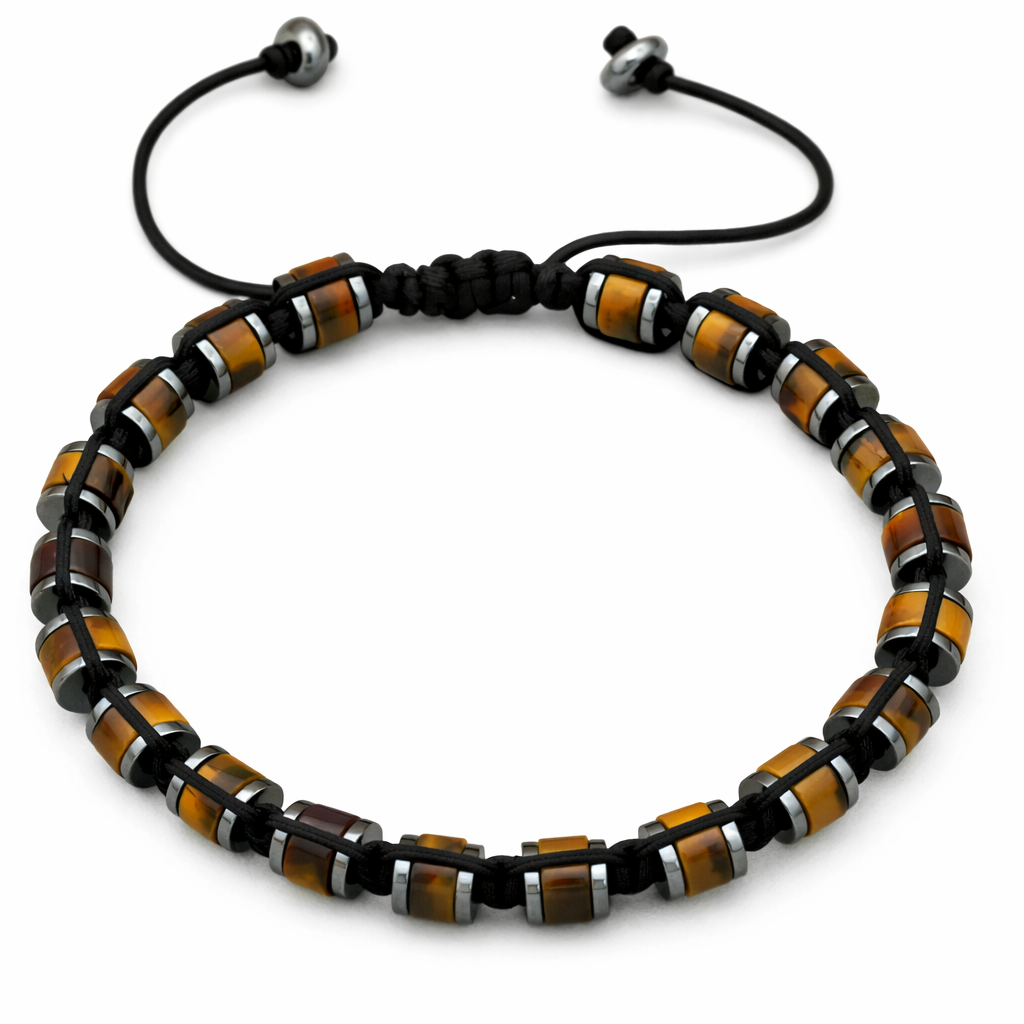 Luxusný pánsky náramok z prírodných drahých kameňov – Tigrie oko & Hematit