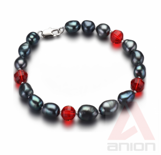 AVA - pravé riečne perly, dámsky náramok, kombinované o červené krištály, 20cm 